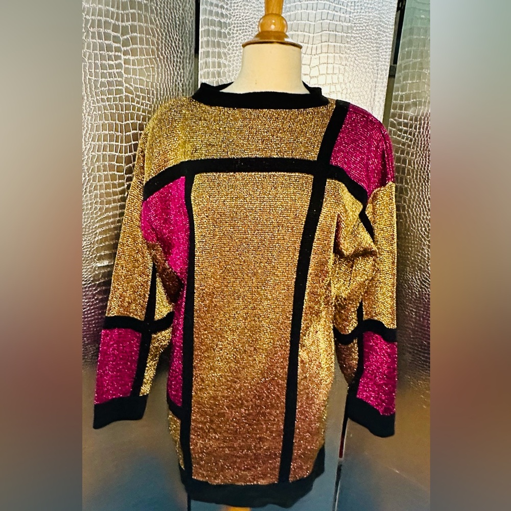 Pierre Cardin Vintage Gold and Pink Geometric Women's Sweater or Dress
